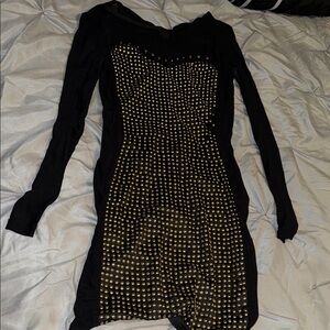 Elegant Black and Gold Studded Long Sleeve Dress